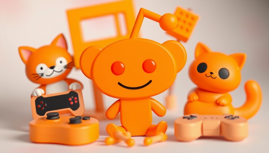 Playful Reddit logo with orange 3D icons, abstract pastel background.