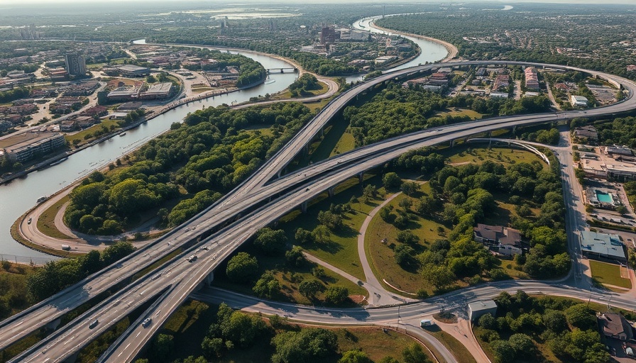 Aerial view of Rolling Meadows Arlington Park redevelopment with highway.