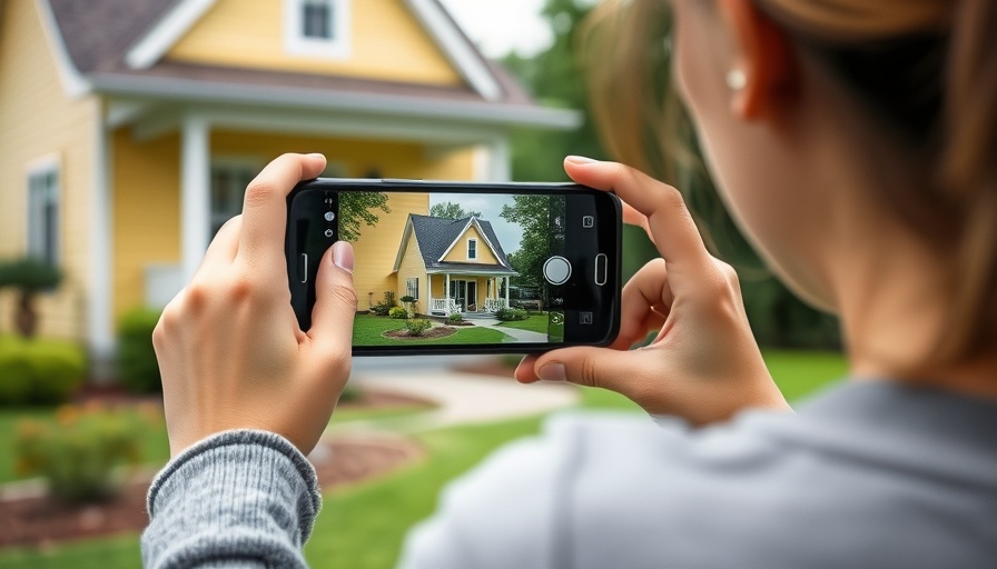 Young woman photographing house for mortgage rates.
