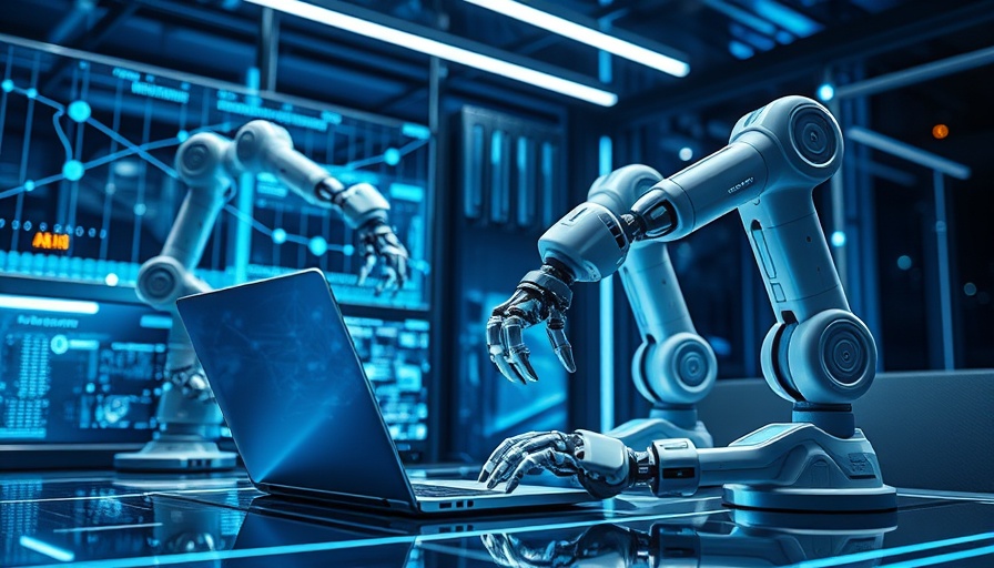 Robotic Process Automation showcasing robotic arms with a laptop in a digital network.