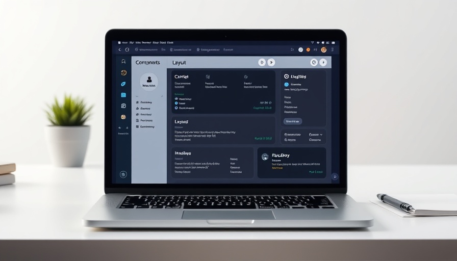 Modern laptop showcasing a no-code app builder in a minimalist office environment