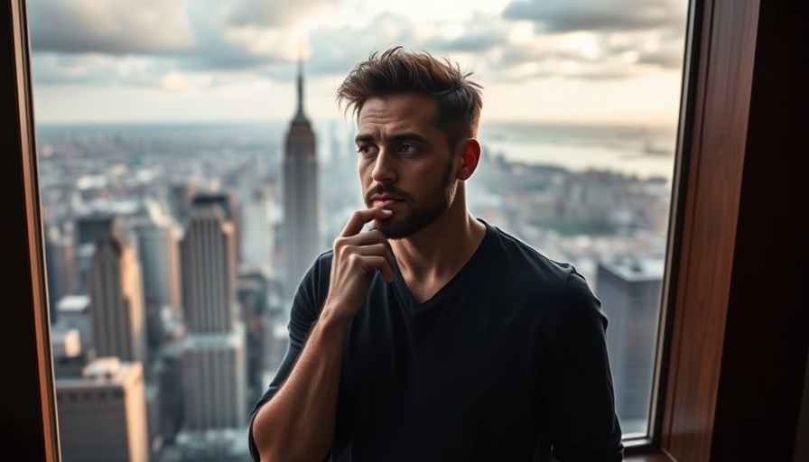 Thoughtful man pondering Bitcoin price prediction with city view.