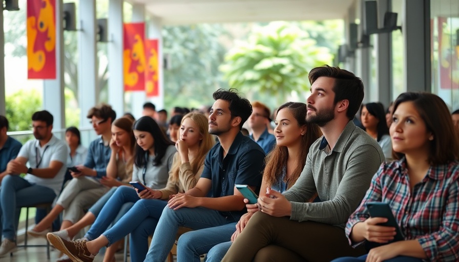 People seated in a Singapore polling station, discussing elections.
