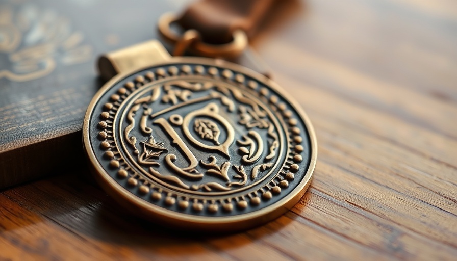 Intricate bronze medal on wood surface, symbolizing arts and humanities impact.