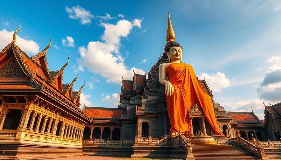 Ancient Thai temple with Buddha statue under blue sky.