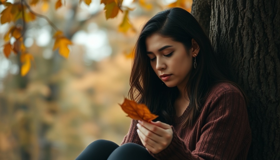 Introspective woman examining a leaf under a tree, serene atmosphere.