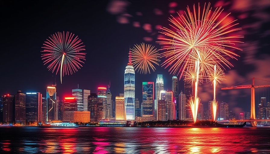 Fireworks over city skyline for July 4th getaway