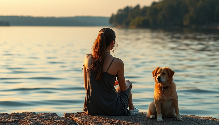 Young woman and dog sitting by a lake, peaceful moment.