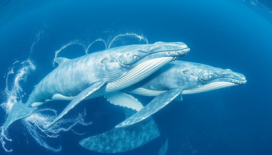 Two whales swimming underwater, photorealistic depiction, ocean setting.