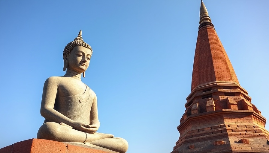 Ancient stone Buddha statue and stupa under blue sky, tranquility symbol.