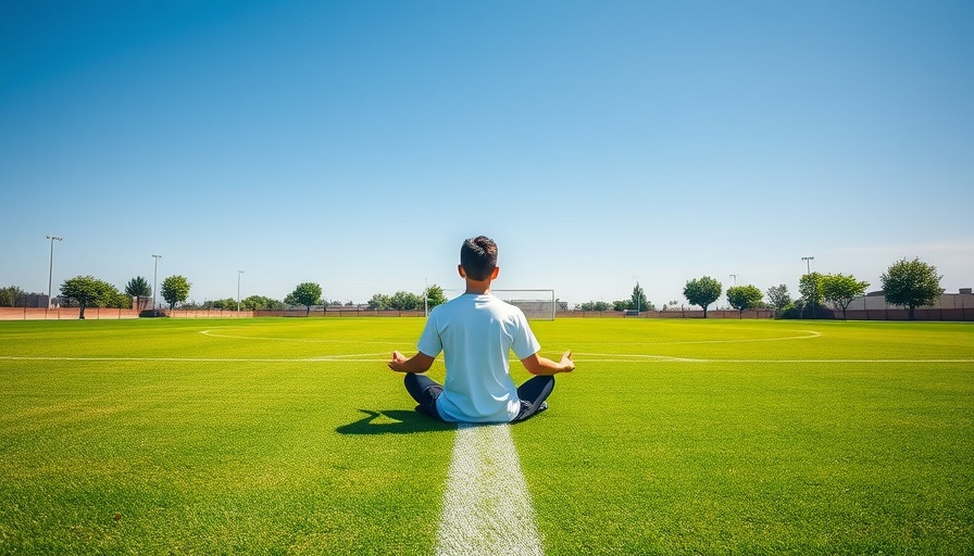 Tranquil soccer player meditating on field for mental wellness.