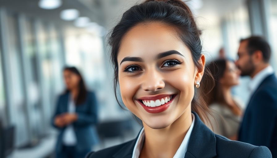 Confident young woman smiling in office, customer happiness.