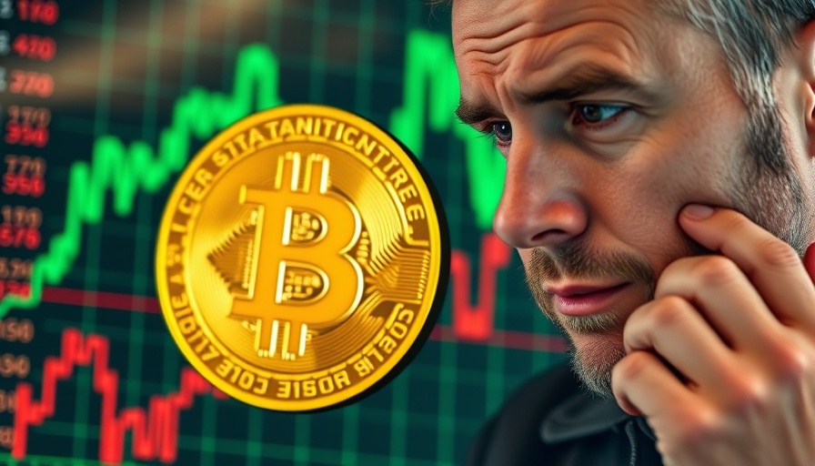 Close-up of bitcoin symbol and man with concerned expression on green graph.