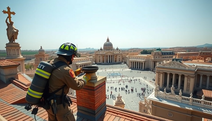 Firefighters inspecting Vatican chimney for new pope signal, sunny day.