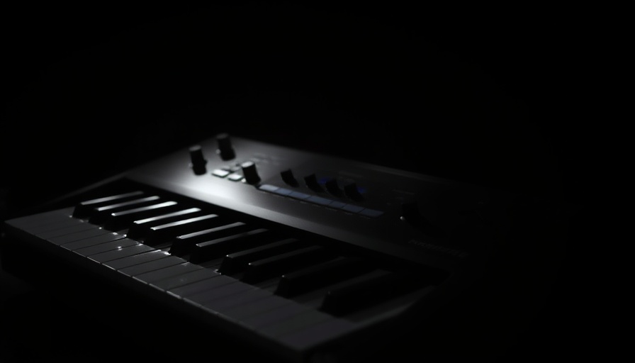 Moody black and white electronic keyboard in dim lighting.