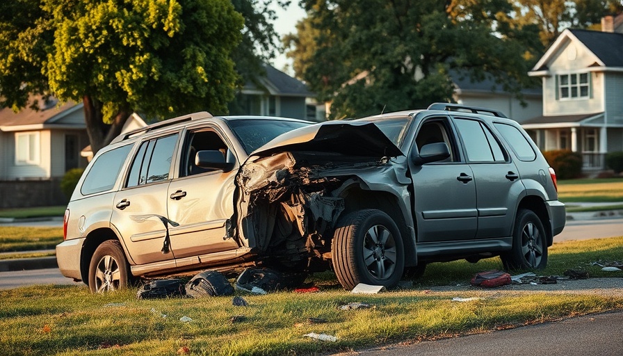 Suburban vehicle crash scene with damaged car in neighborhood.