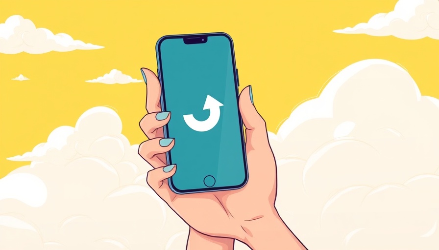 Abstract illustration of hand holding smartphone for social media detox, serene sky background.