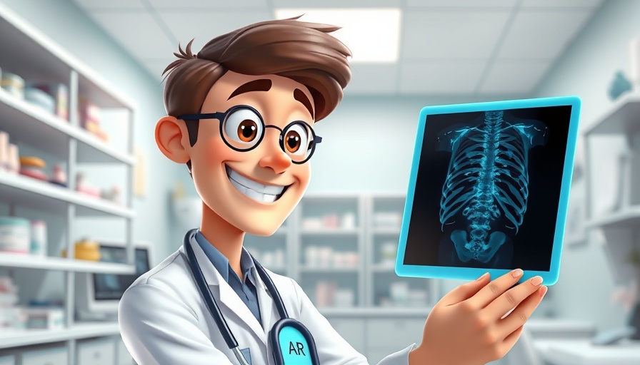 Cartoon doctor with AI icon examining x-ray in healthcare