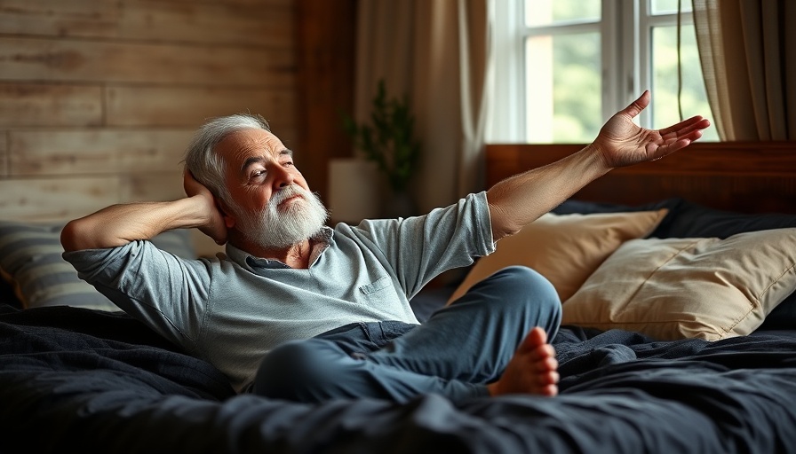Elderly man doing morning stretches for back pain in bed.