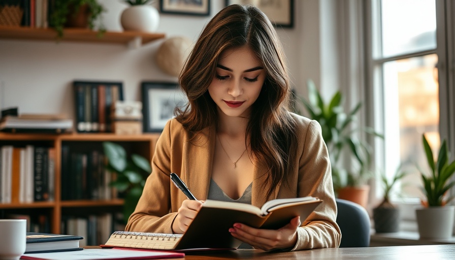 Young woman writing about types of perfectionism and mental health in a cozy office.