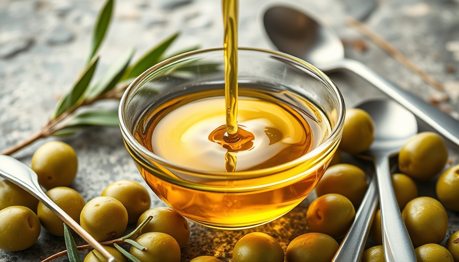 Olive oil being poured into a bowl with olives around.