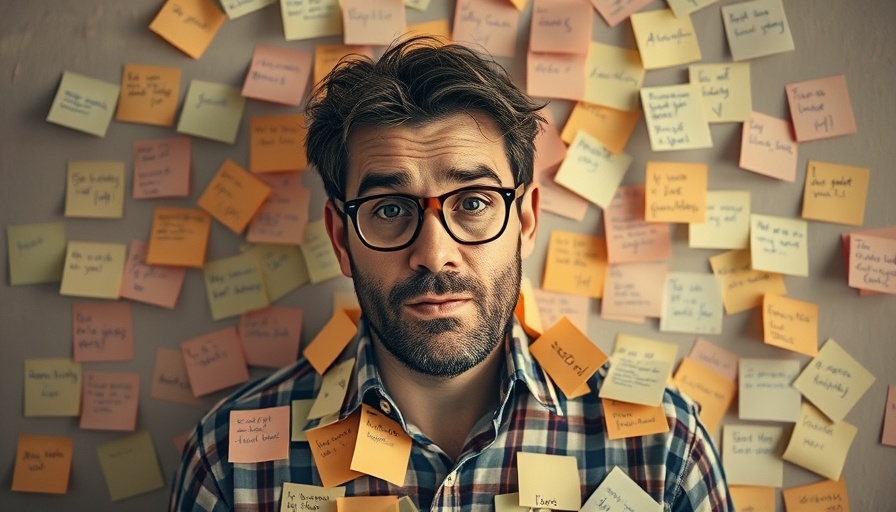 Man covered in notes, illustrating mental health and boredom.