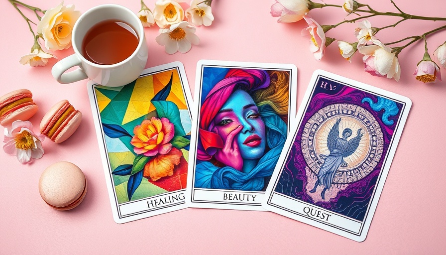 Colorful tarot cards and tea on pastel background inspired by alternative medicine.