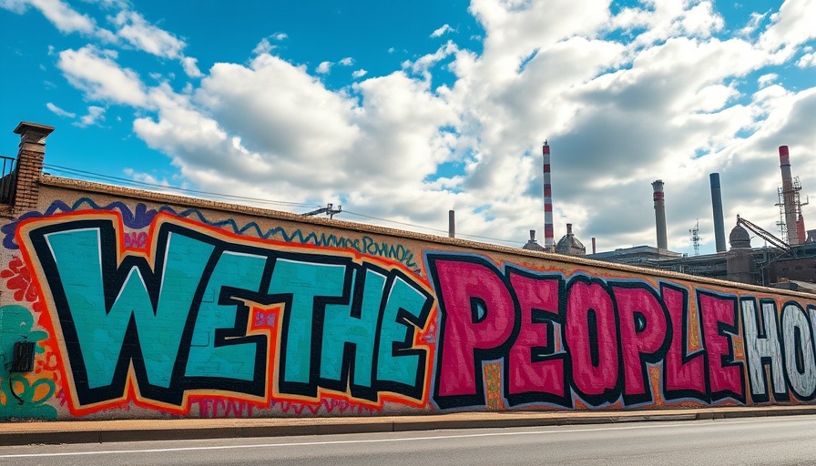 Contemporary art graffiti spelling 'WE THE PEOPLE' on green fence in urban area.
