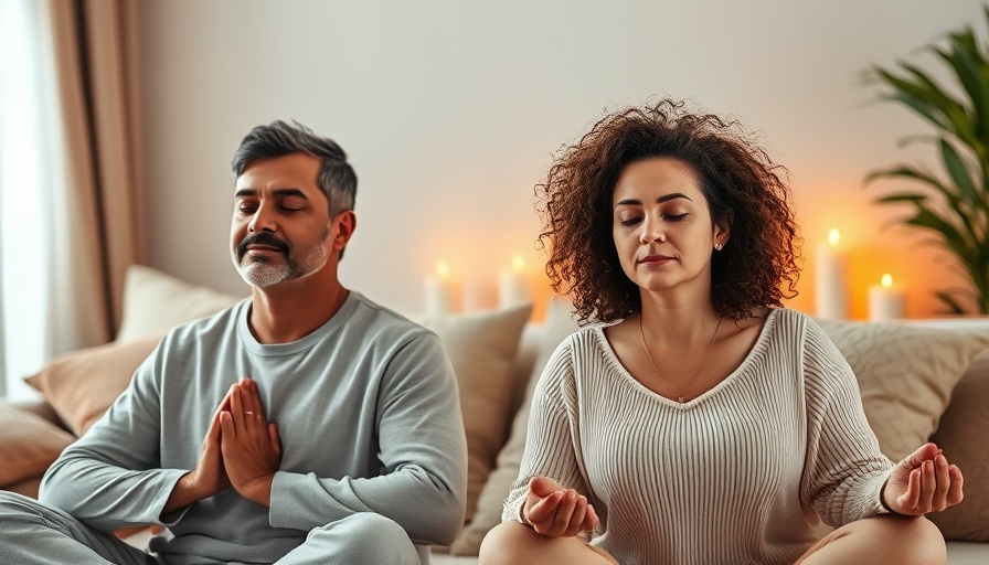 Parents practicing guided meditation, serene home ambiance.