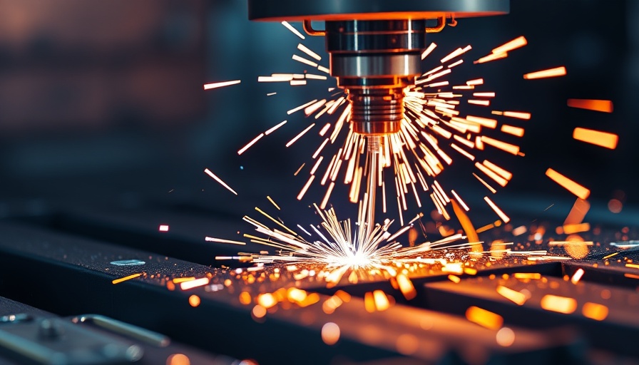 Industrial CNC machine cutting metal, showing bright sparks flying, assessing industrial brands.