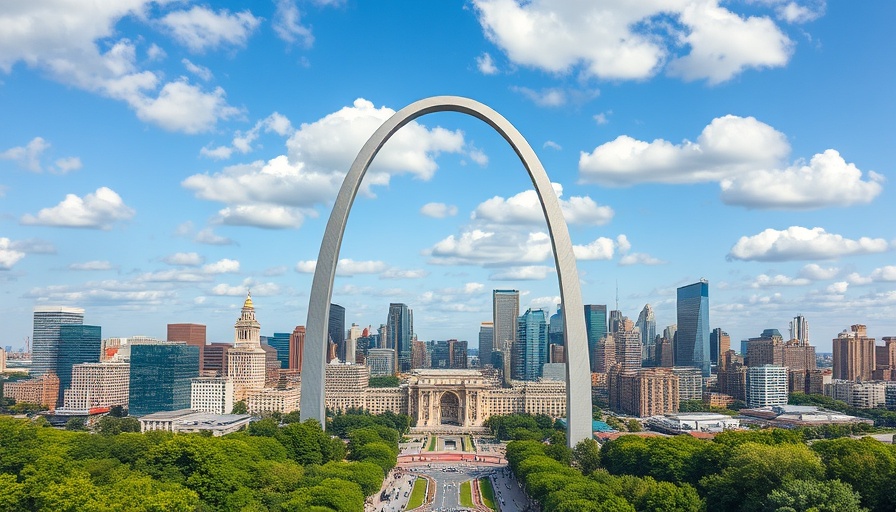 Vibrant city skyline framed by iconic arch, perfect for summer travel.