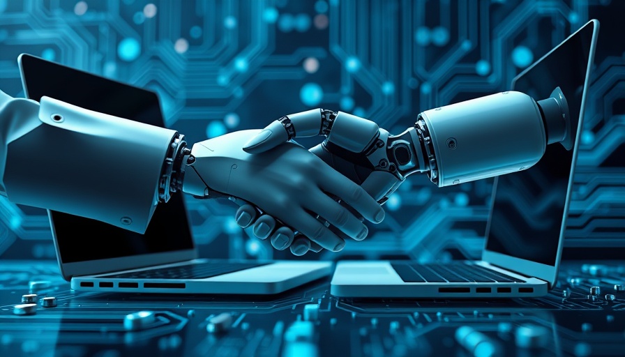 Human hand shaking robot hand emerging from laptops representing humanizing AI content.