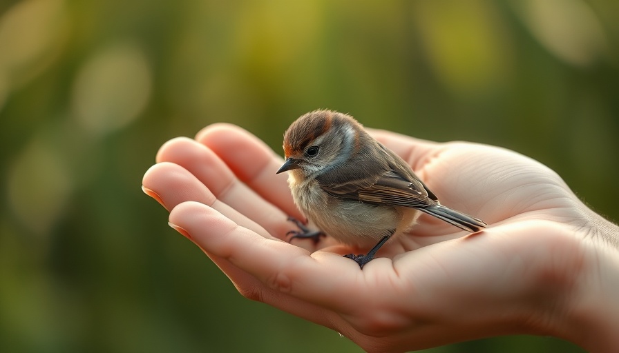 Small bird cradled gently in hand, illustrating calm serenity.