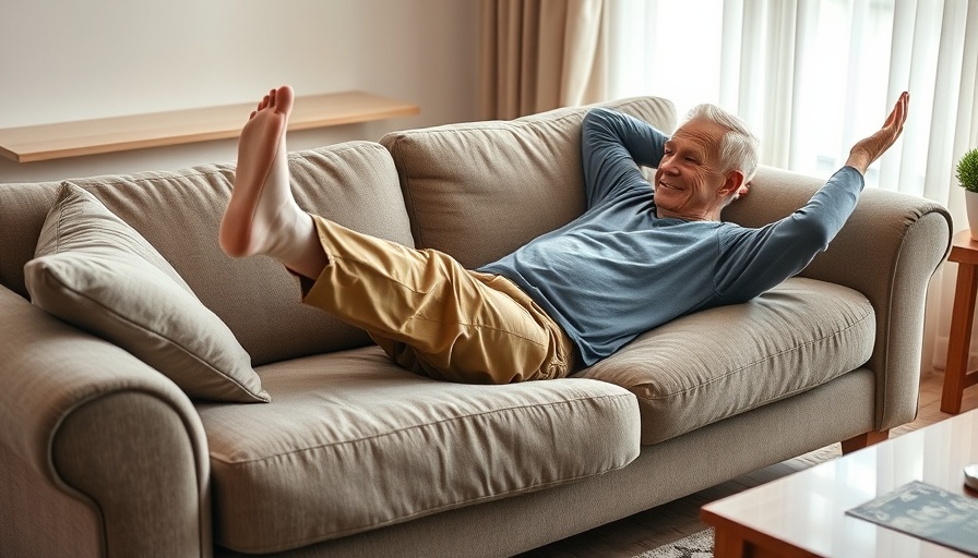 Elderly man raising legs on couch to improve blood circulation.