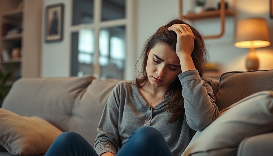 Young woman experiencing anxiety disorders, sitting worried on couch.