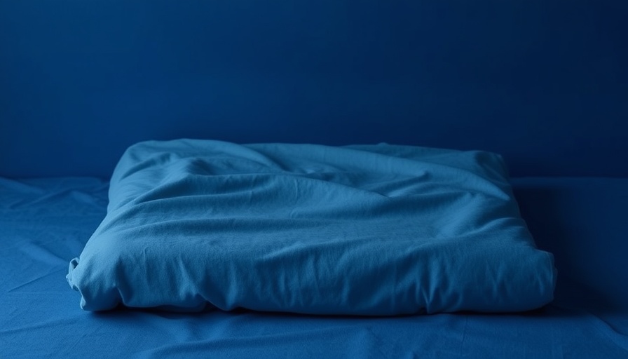 Neatly folded grounding sheet with blue stripes on blue background.