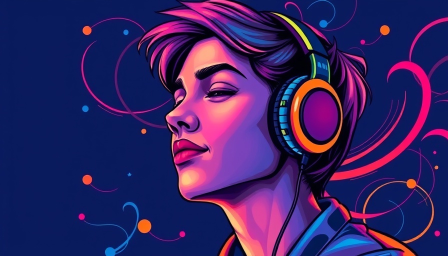 Person enjoying music on headphones, vivid colors and musical notes.