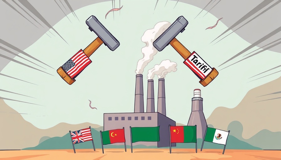 Cartoon of USA tariffs with global trade flags and factory.
