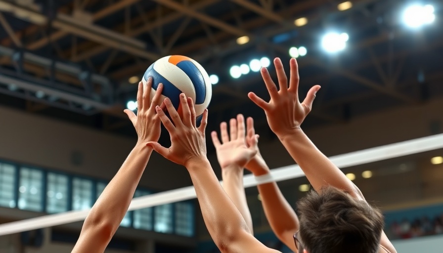 Intense volleyball play with players reaching for ball.
