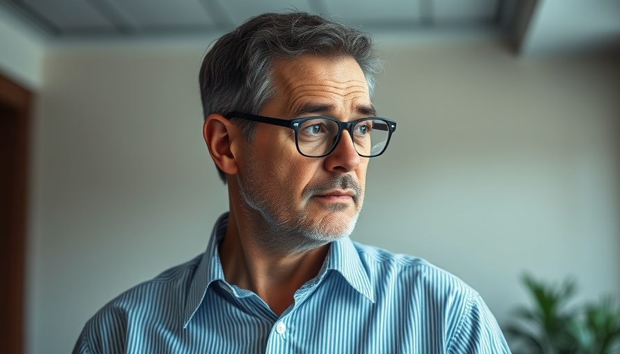 Middle-aged man in striped shirt and glasses, neutral background.