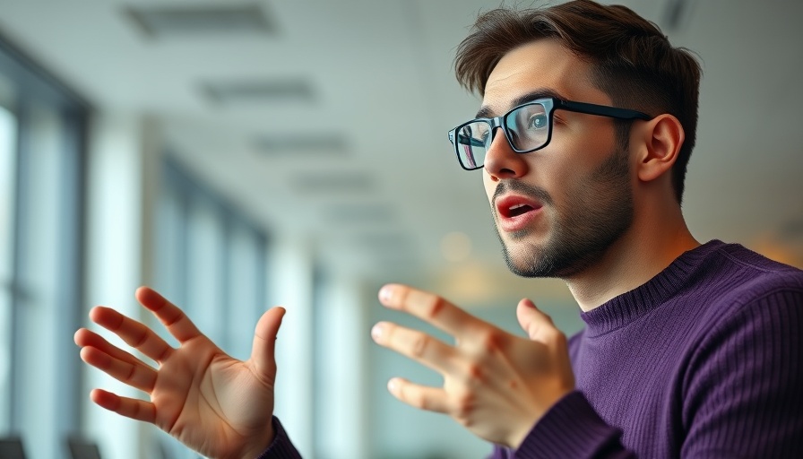 Young man discussing mental health awareness in a bright office.