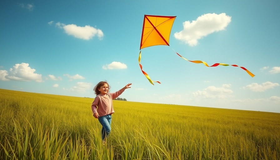 Child flying a colorful kite in a green field, re-awakening the bliss of your childhood.