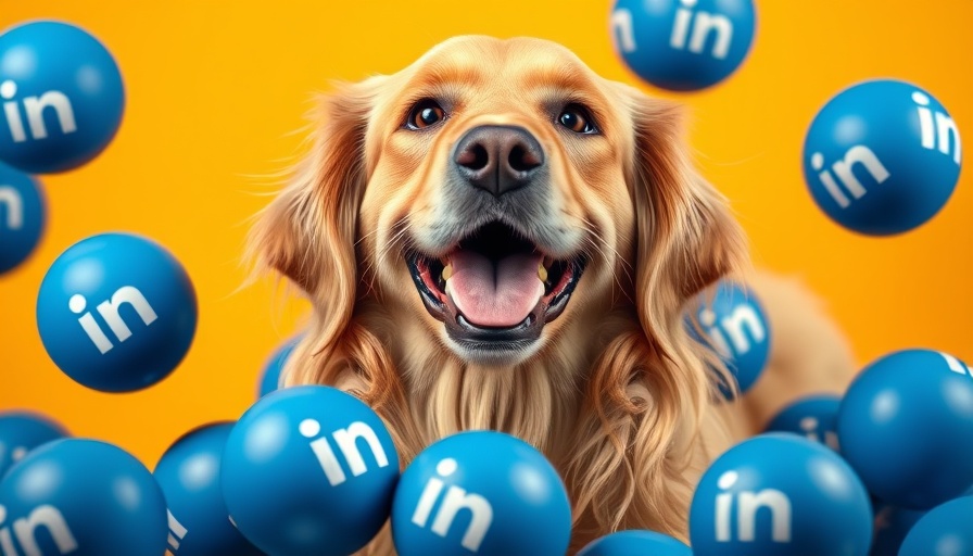 Golden retriever surrounded by LinkedIn-branded blue balls, LinkedIn growth secrets.