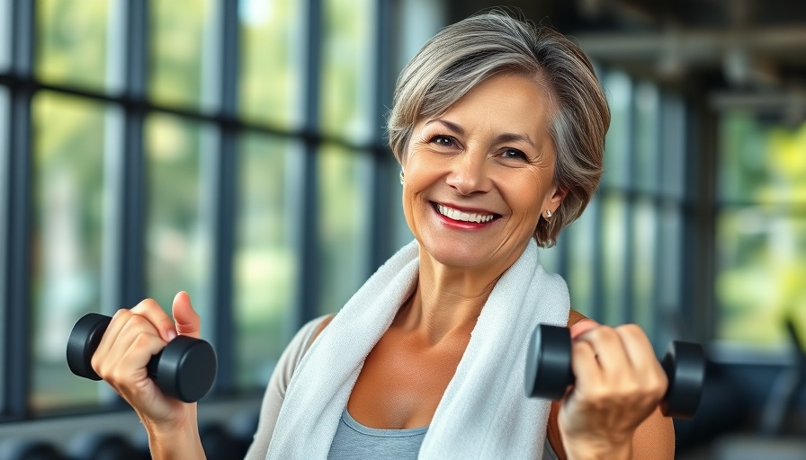 Cheerful woman exercising with dumbbells in a gym, highlighting mistakes to avoid when working out after 50.