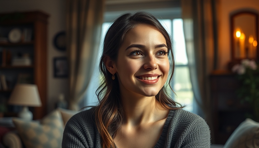 Thoughtful young woman smiling, mental health advocacy in warm setting.