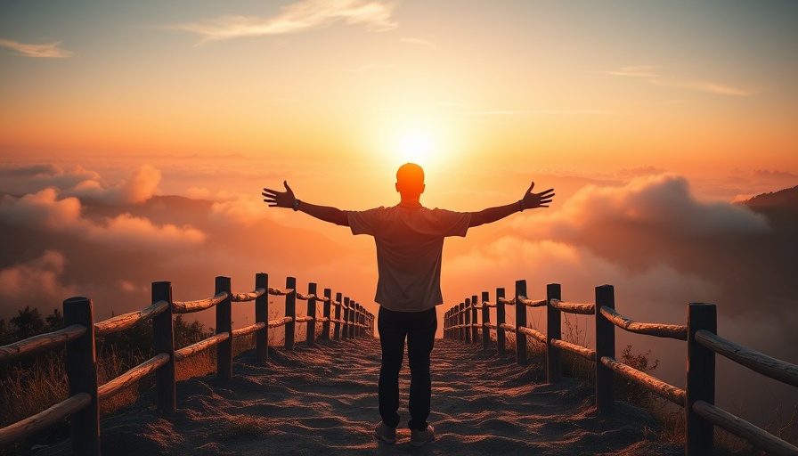 Reiki healing insights for parents: person embracing sunrise on mountain path.