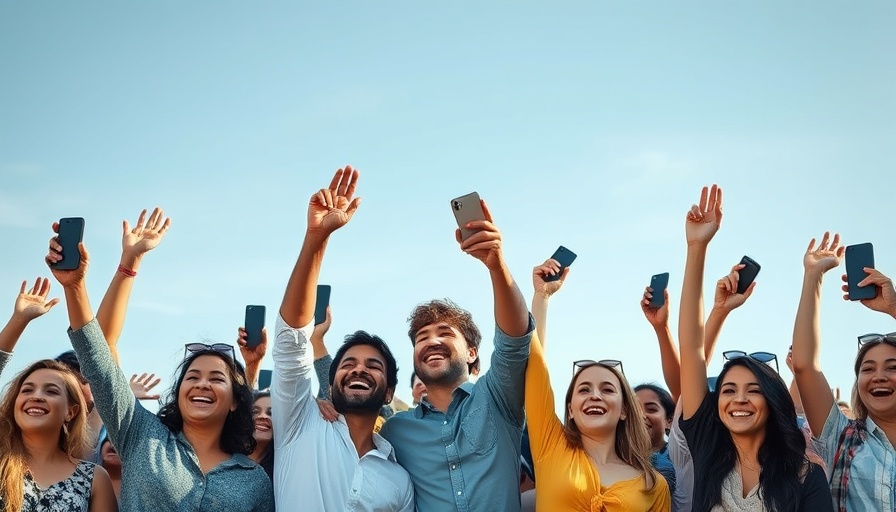 Joyful crowd celebrating with phones and symbols, clear sky.