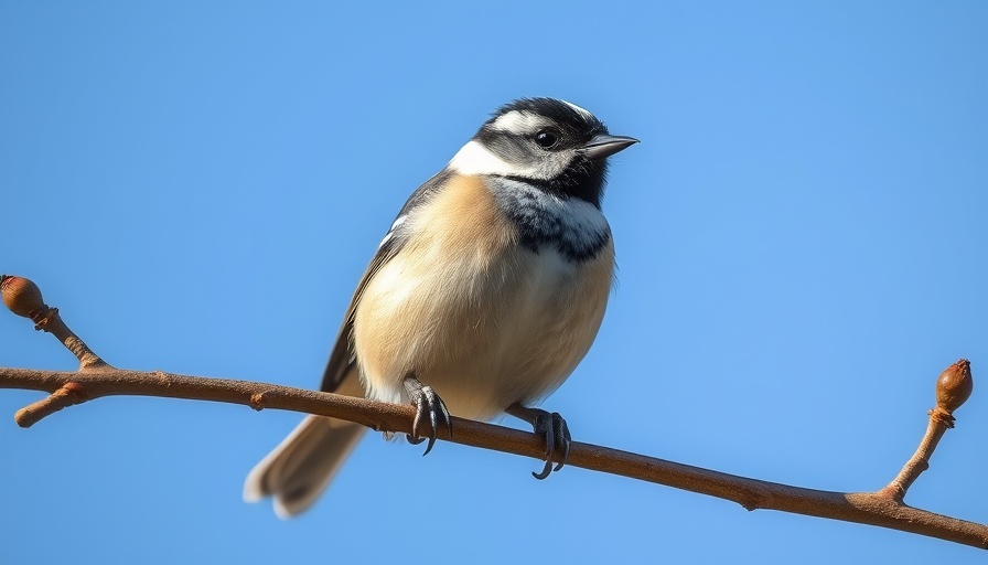 Bird trusting the next branch, poised on a budding twig in blue sky.