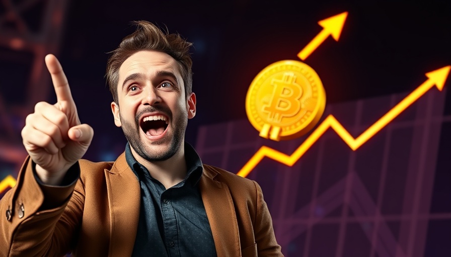 Visual representation of Bitcoin price increase with excited man pointing upwards.