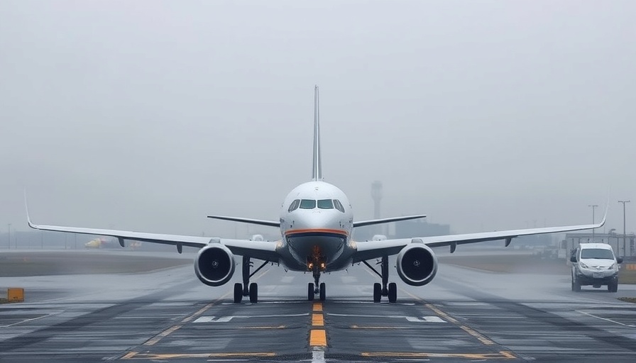 Airplane near control tower at foggy airport illustrating air traffic control systems